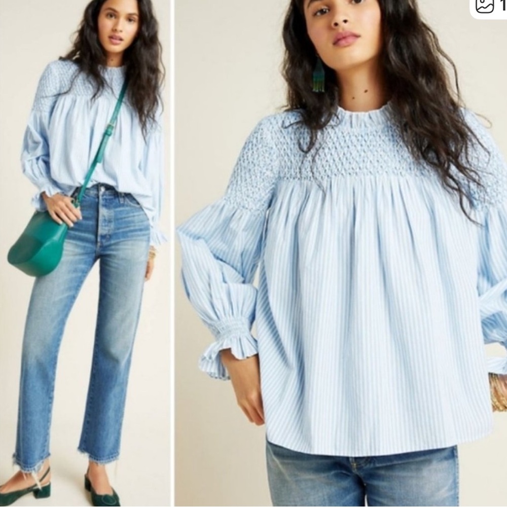 Anthropologie Light Blue and White Stripe Smocked Blouse retails $119